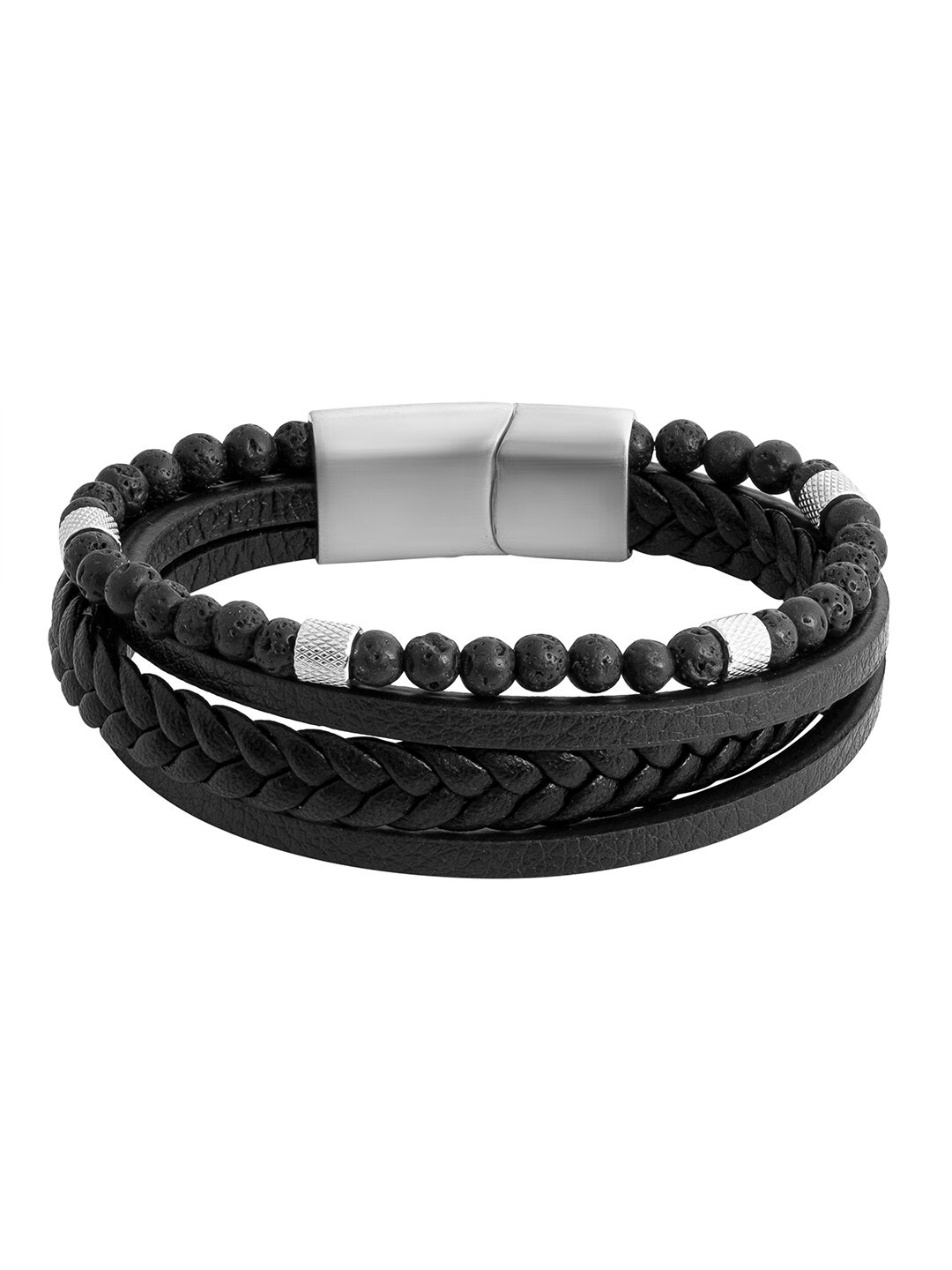 

bodha Men Stainless Steel Leather Multistrand Bracelet, Black