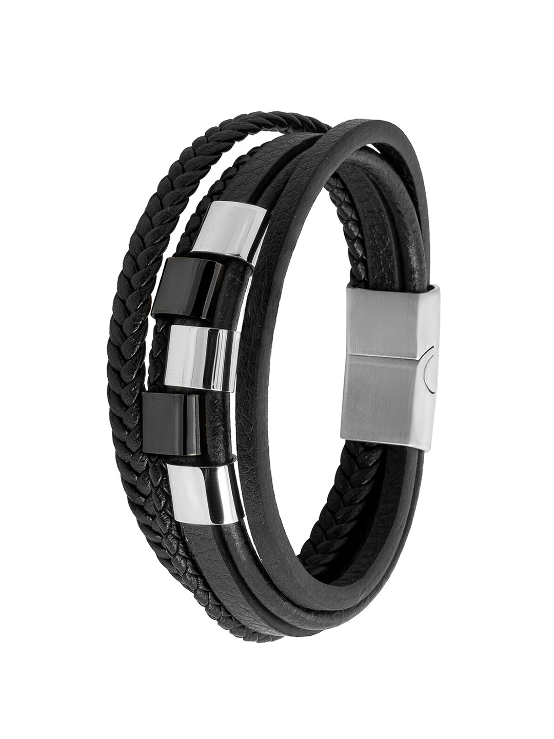 

bodha Men Silver-Plated Braided Leather Multistrand Bracelet, Black