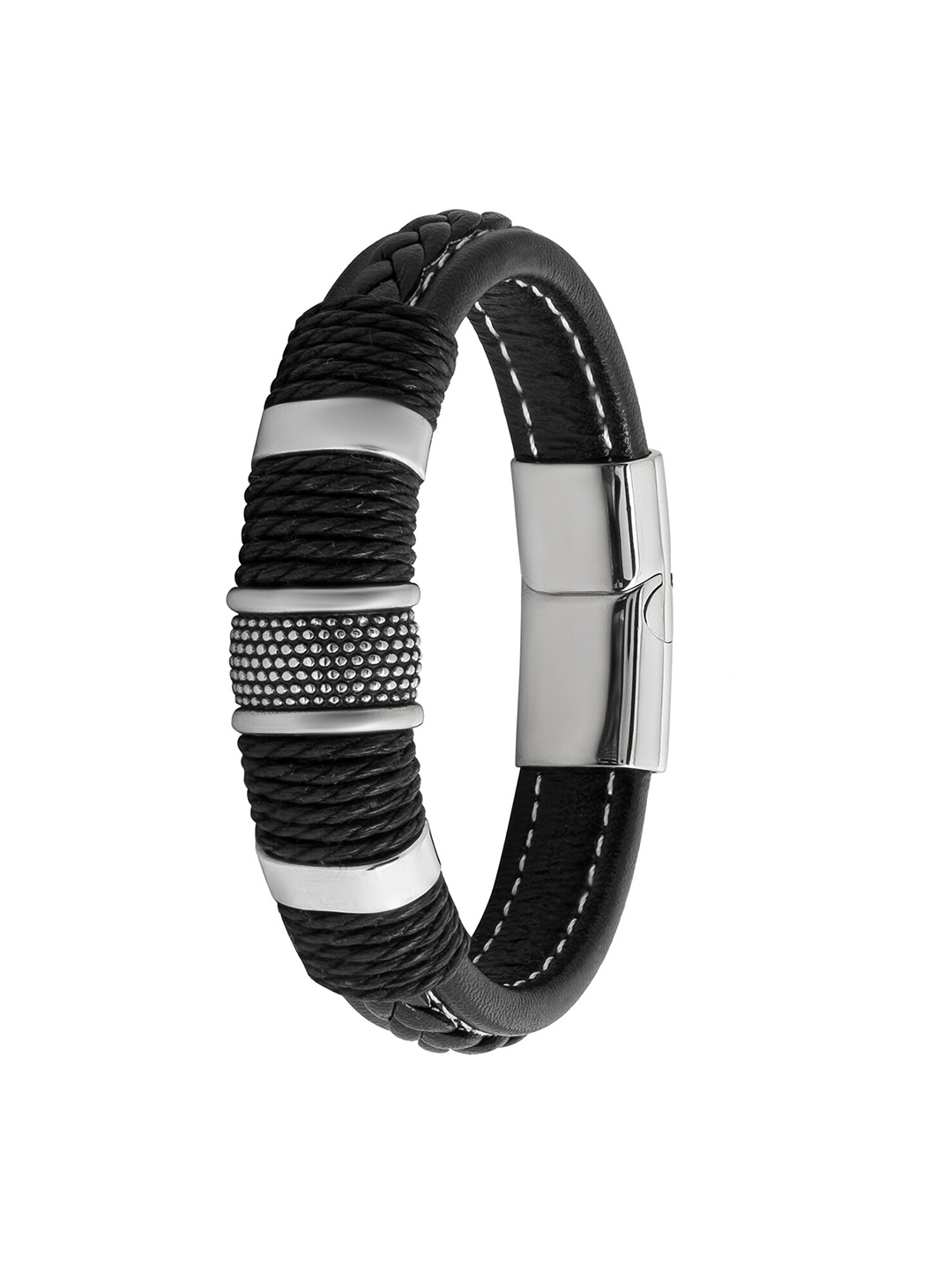 

bodha Men Braided Design Stainless Steel Leather Wraparound Bracelet, Silver