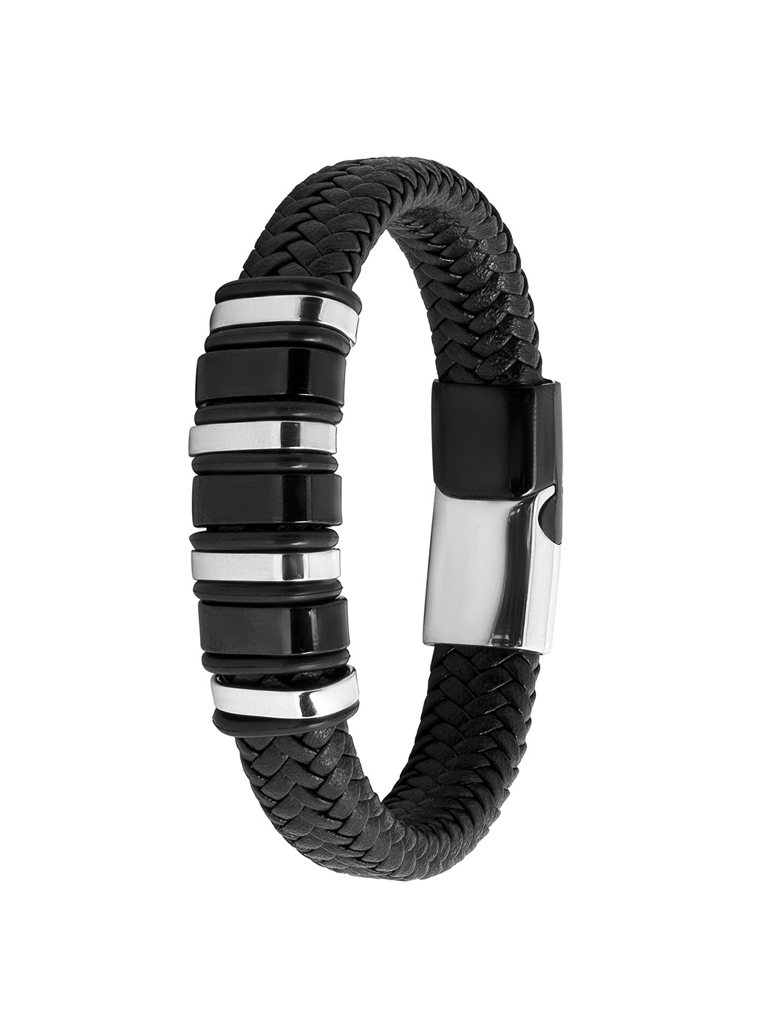 

bodha Men Silver-Plated Stainless Steel Braided Leather Wraparound Bracelet