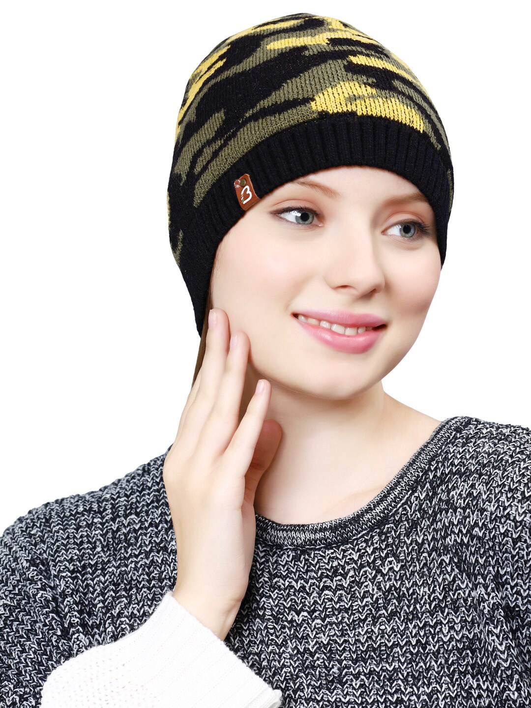 

Bharatasya Women Printed Acrylic Beanie, Yellow