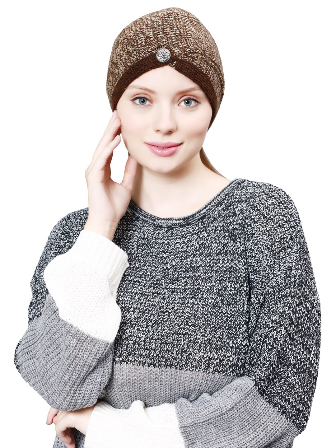 

Bharatasya Women Self Design Acrylic Turban Cap, Brown