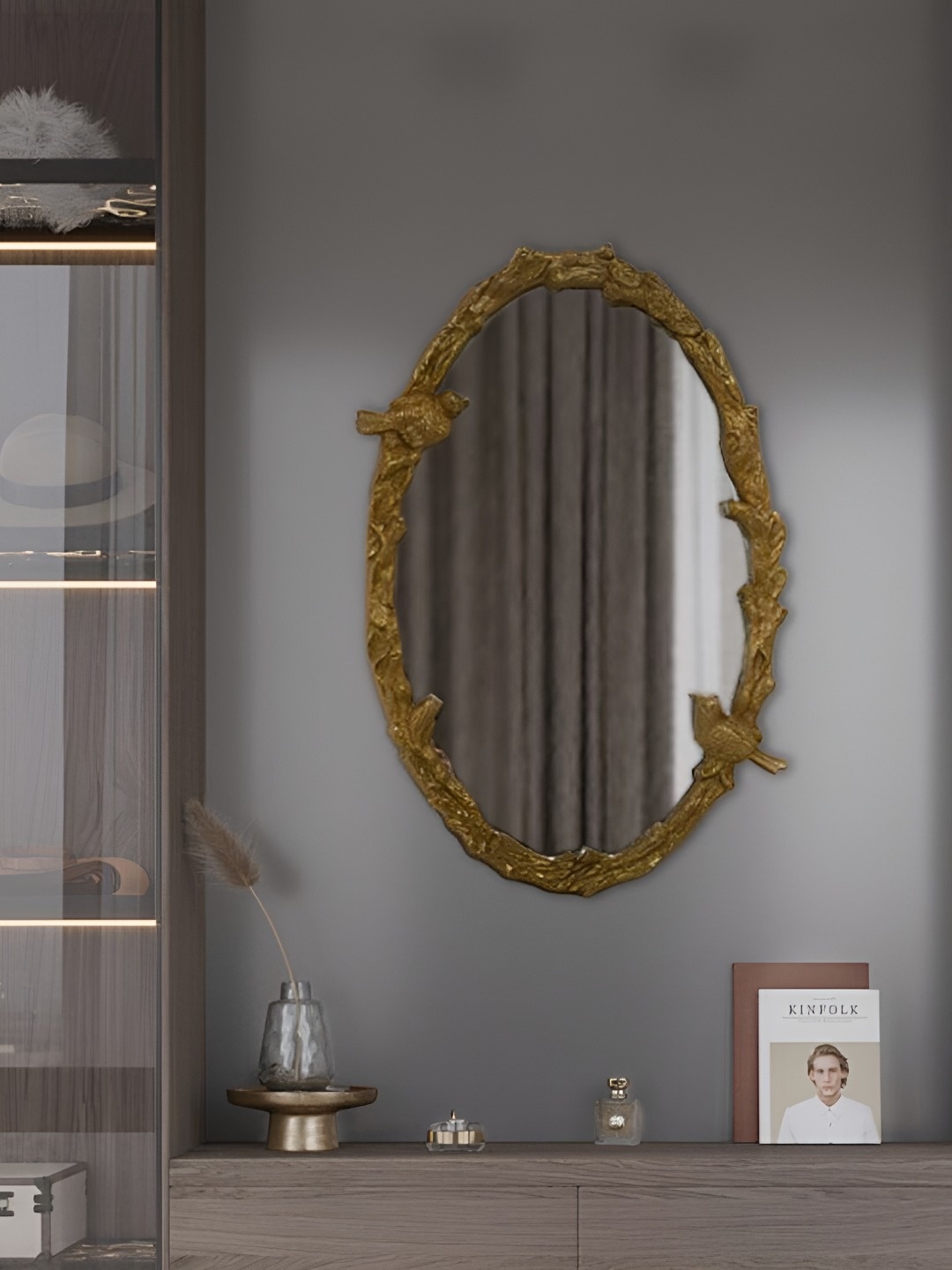

CasaGold Grey Oval Metal Vintage Bird Framed Round Bathroom Wall Mirror, Gold
