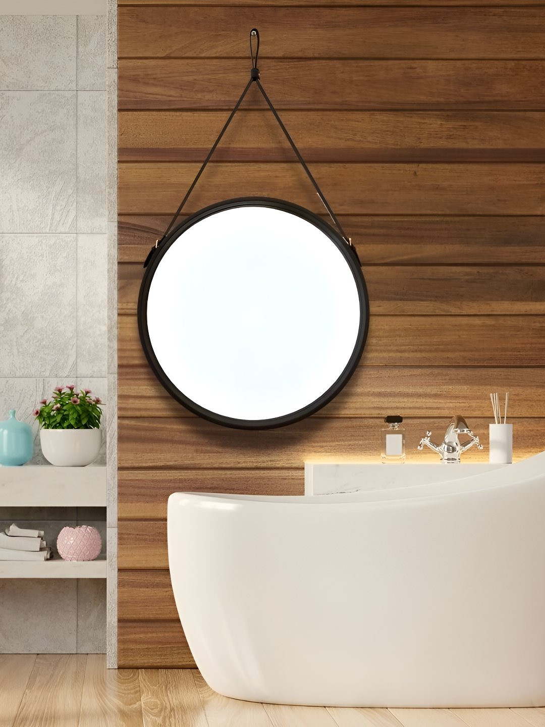 

CasaGold Black Leather Round Metal Wall Mirror With Belt