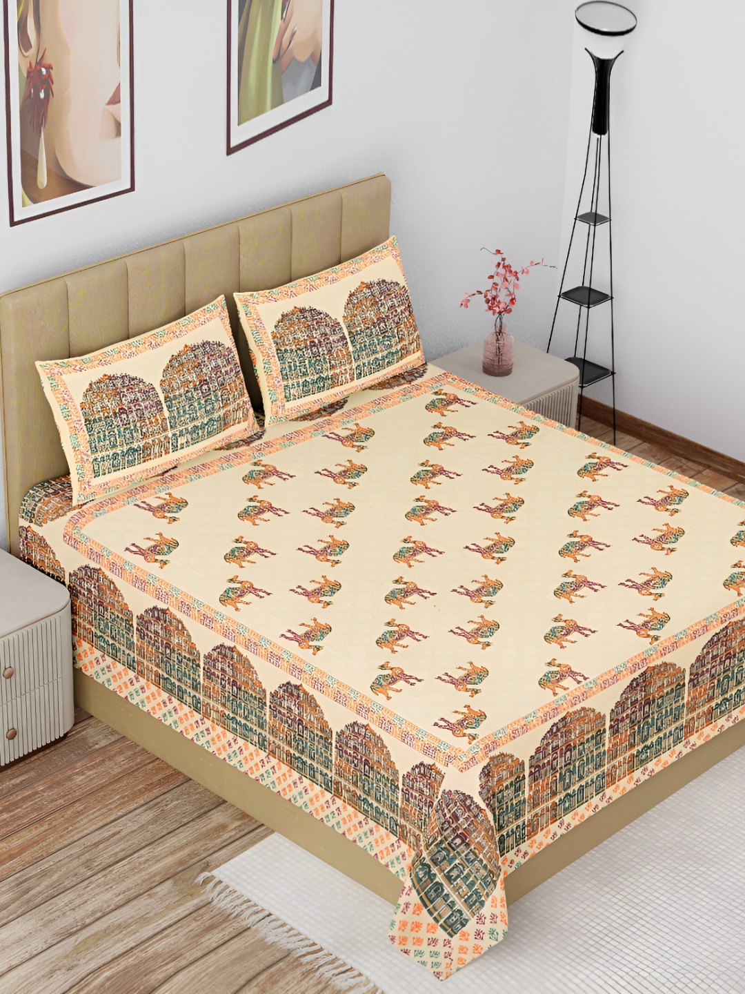 

The Craft Monk Beige & Green Cotton 180 TC King Bedsheet with 2 Pillow Covers