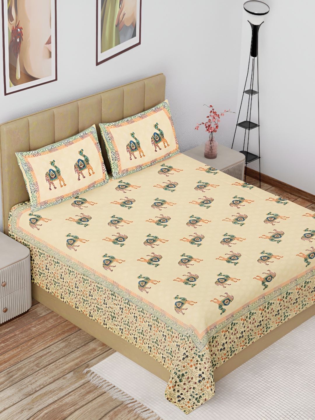 

The Craft Monk Beige & Green Cotton180 TC King Bedsheet with 2 Pillow Covers