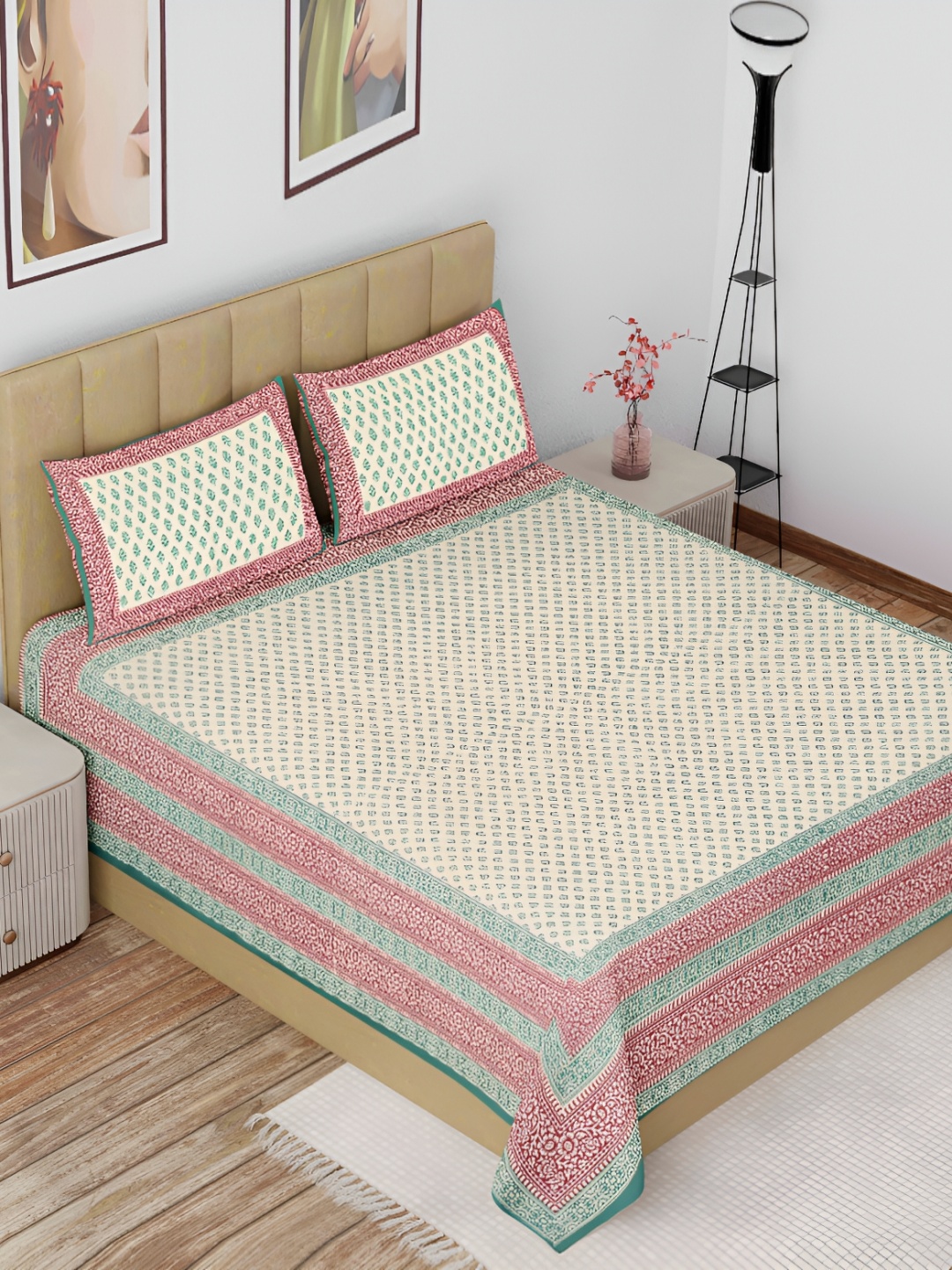 

The Craft Monk Green Ethnic Motifs Cotton 180 TC King Bedsheet with 2 Pillow Covers