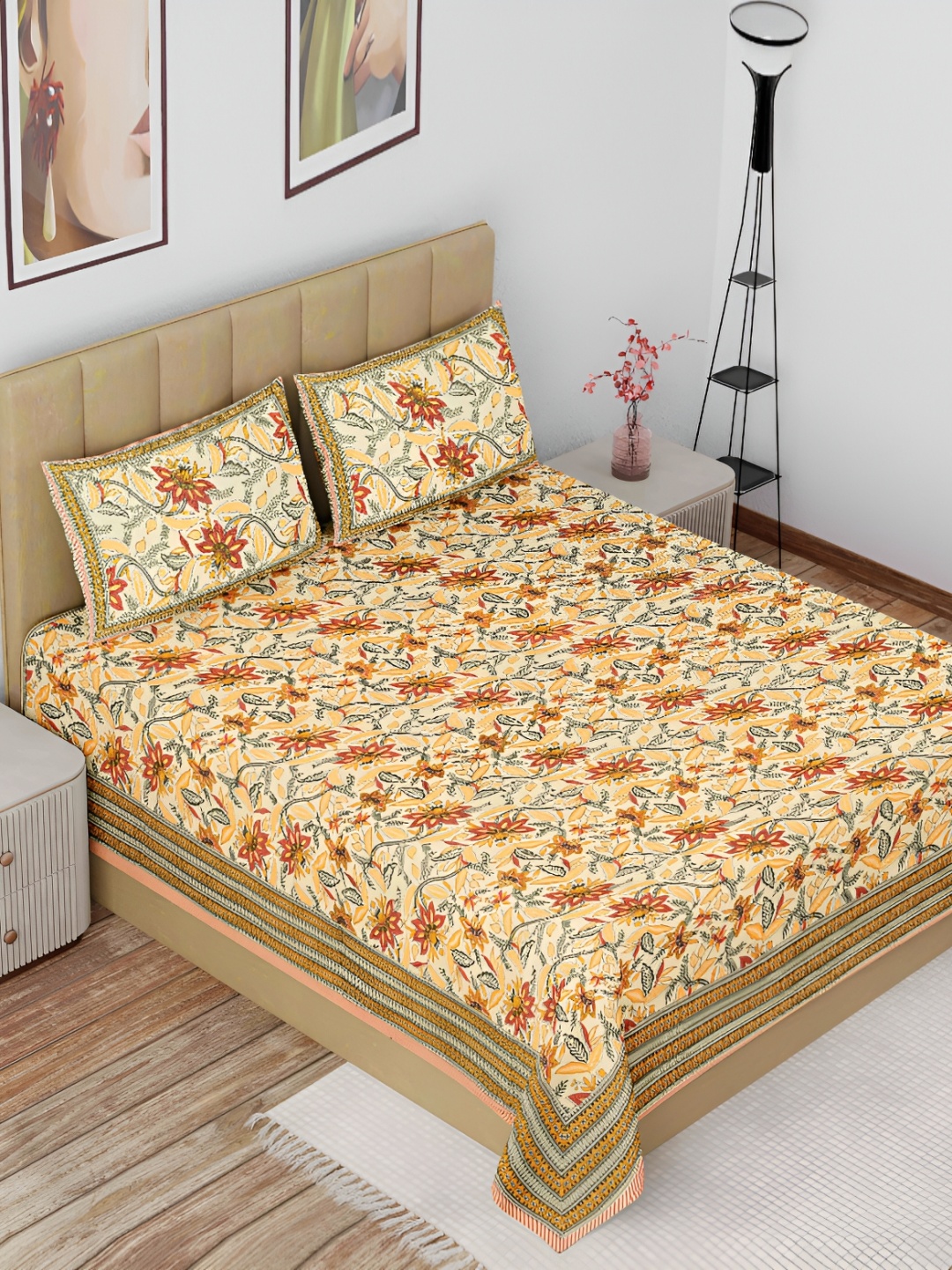 

The Craft Monk Multicoloured Cotton 180 TC King Bedsheet with 2 Pillow Covers, Yellow