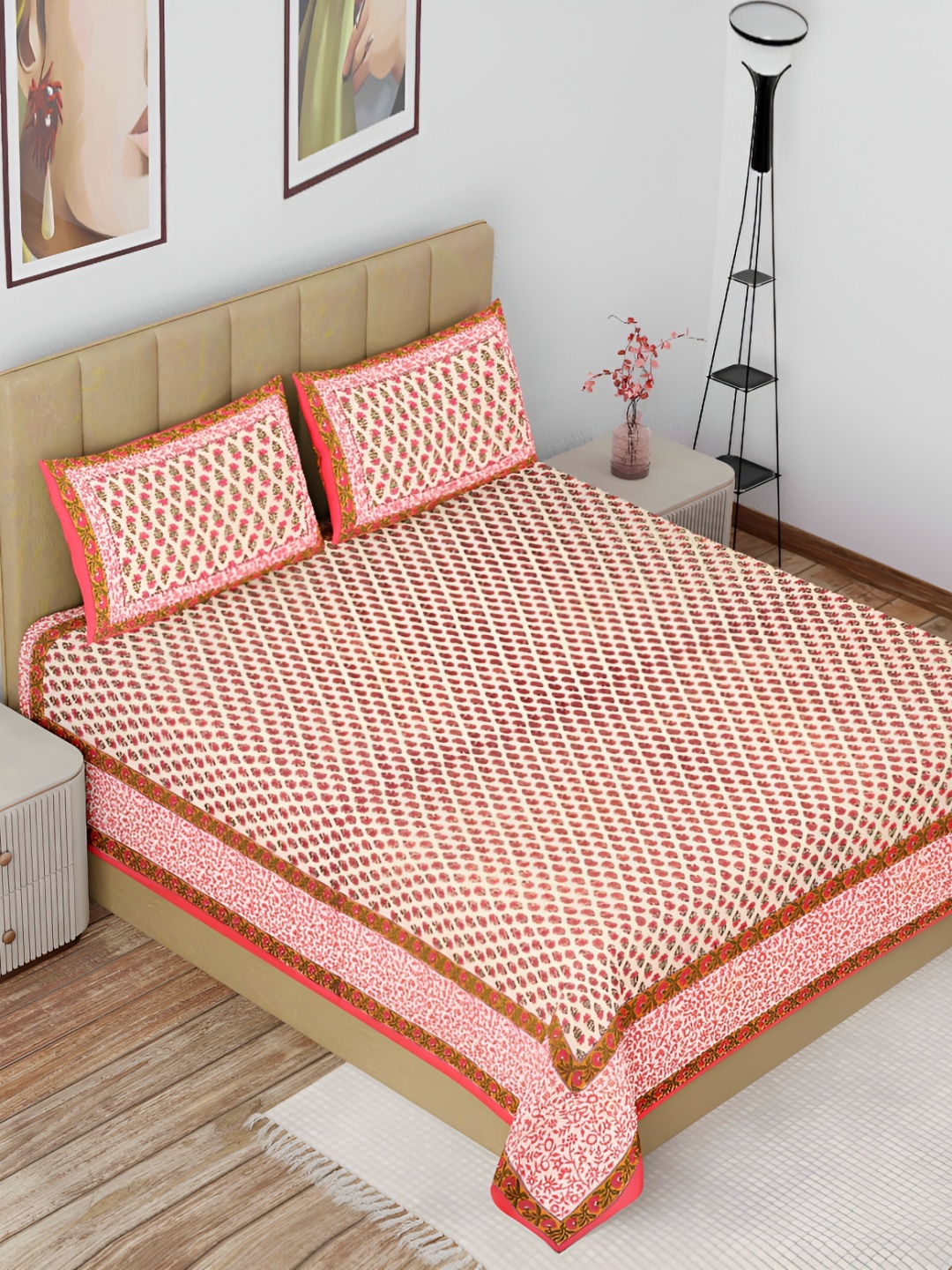

The Craft Monk White & Pink Floral Cotton 180 TC King Bedsheet with 2 Pillow Covers