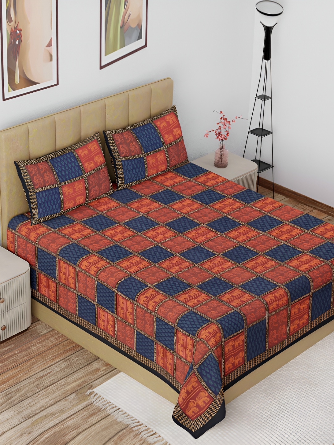 

The Craft Monk Red & Blue Geometric Cotton 180 TC King Bedsheet With 2 Pillow Covers