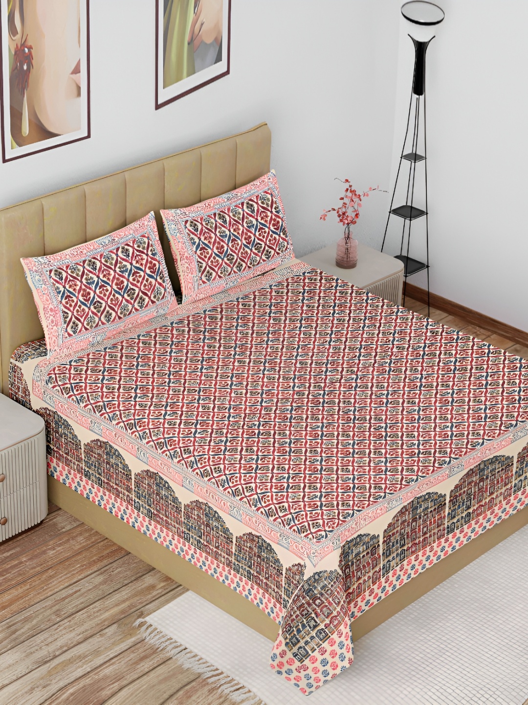 

The Craft Monk White & Pink Cotton 180 TC King Bedsheet with 2 Pillow Covers, Cream