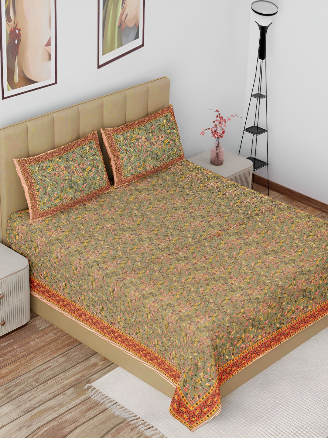

The Craft Monk Green & Yellow Floral Cotton 180 TC King Bedsheet With 2 Pillow Covers