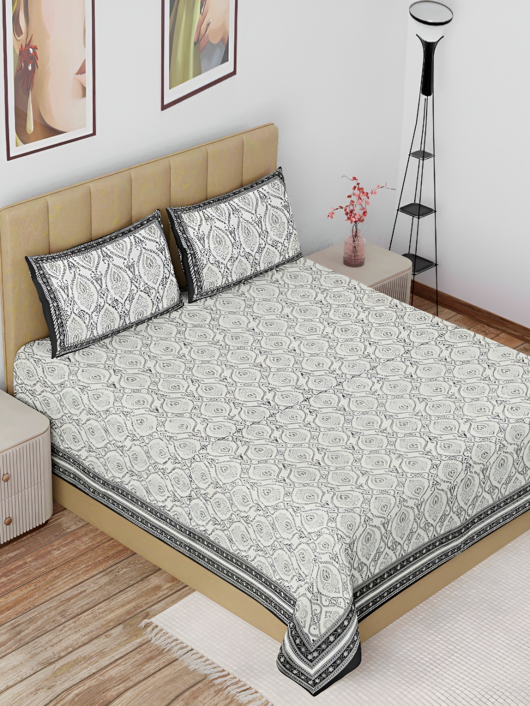 

The Craft Monk White & Grey Floral Cotton 180 TC King Bedsheet With 2 Pillow Covers