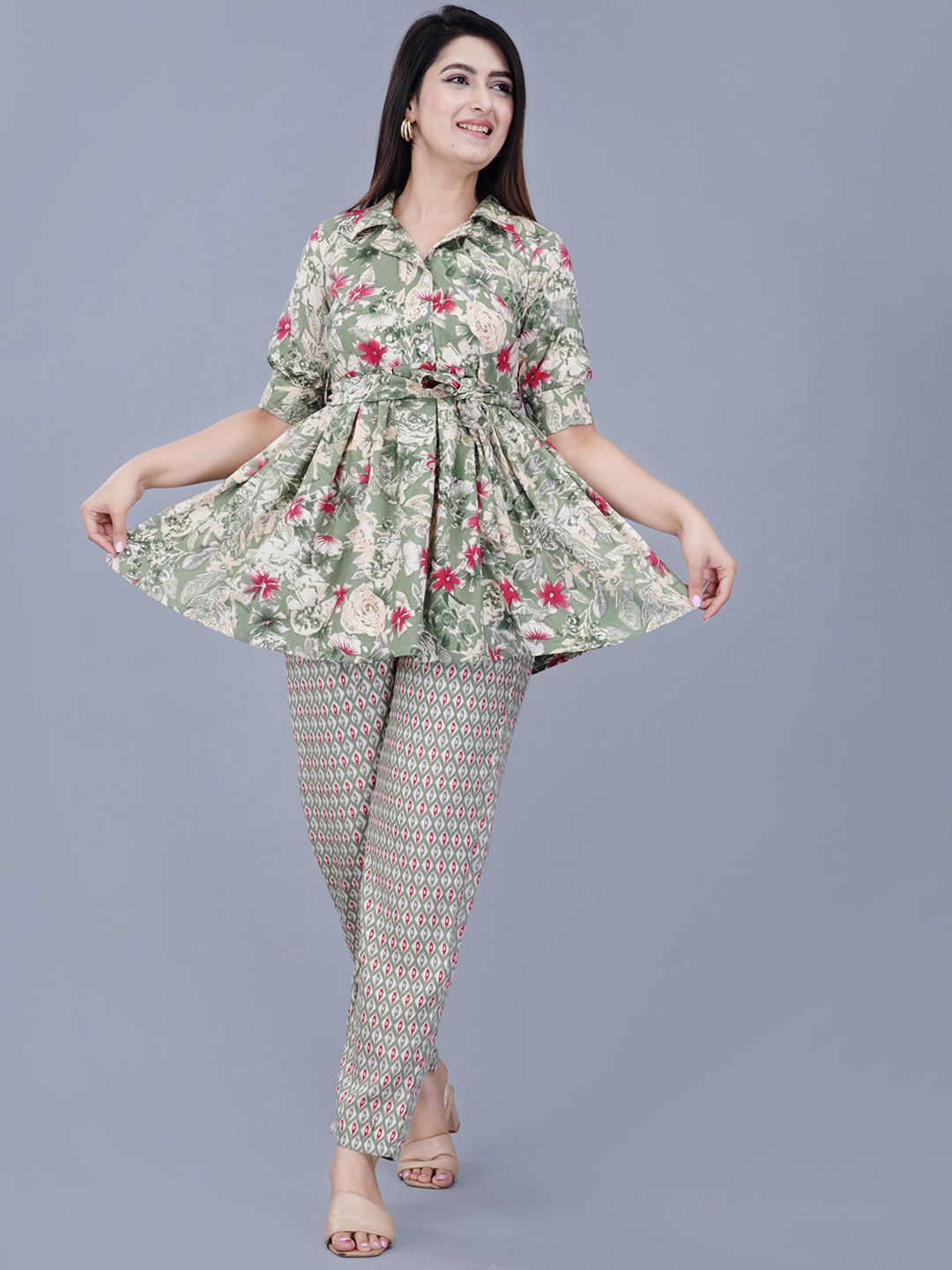 

TREND ME Floral Printed Tunic With Trousers, Green