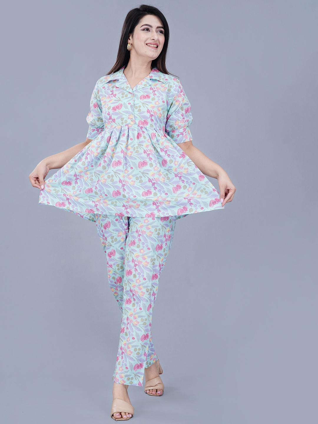 

TREND ME Printed Shirt Collar Tunic With Trousers, Blue