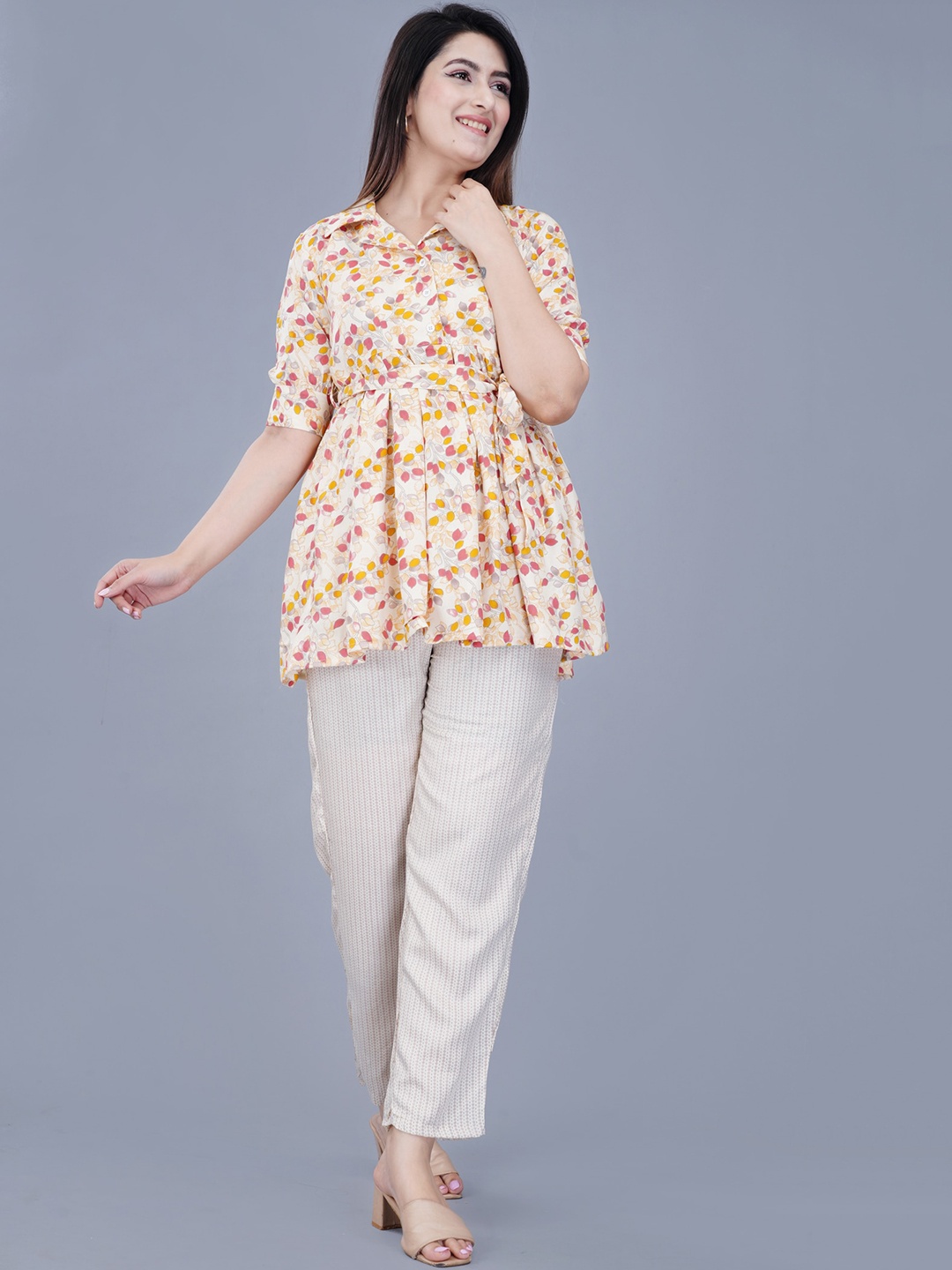 

TREND ME Printed Shirt Collar Tunic With Trousers, Yellow