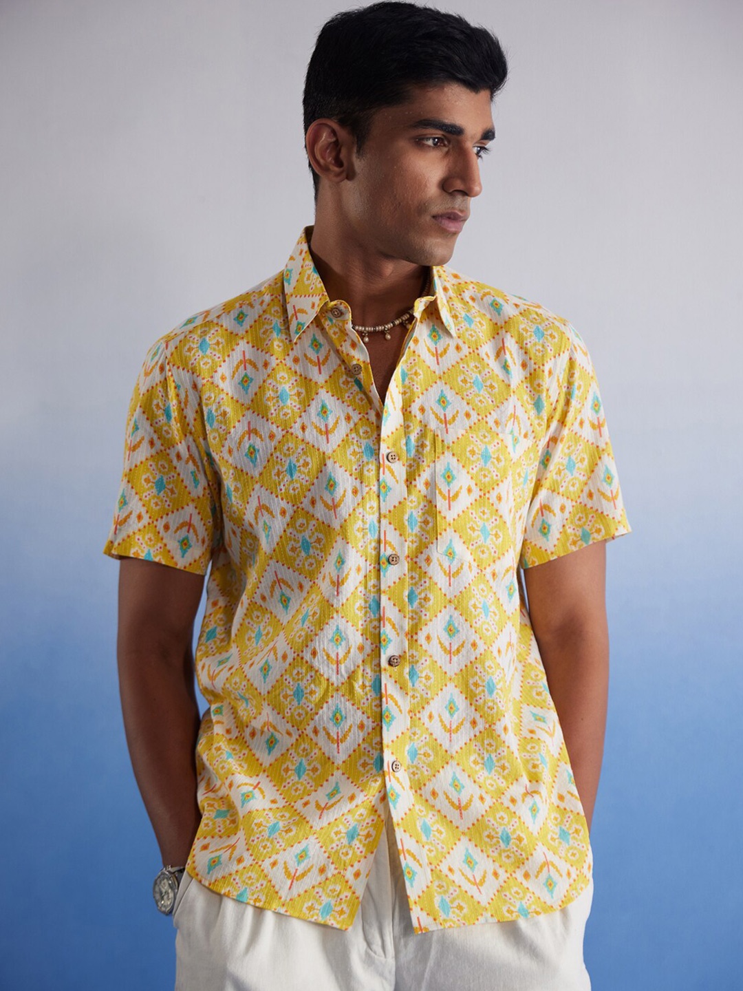 

VASTRAMAY Premium Ikat Printed Spread Collar Cotton Casual Shirt, Yellow