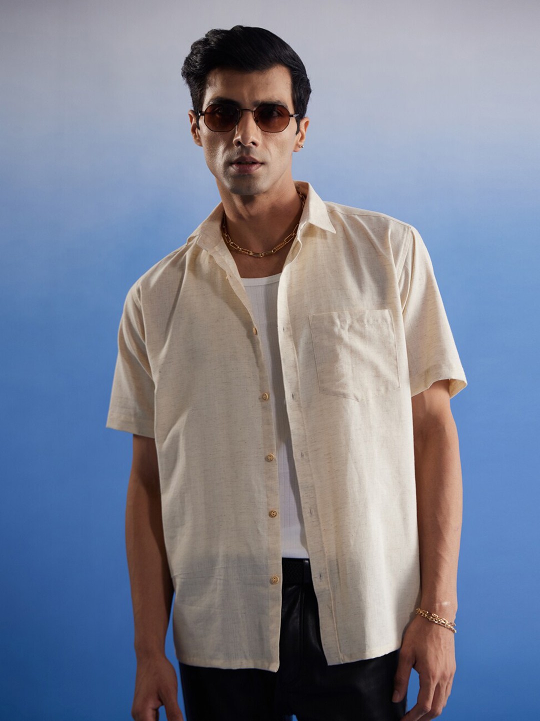 

VASTRAMAY Premium Spread Collar Cotton Casual Shirt, Cream
