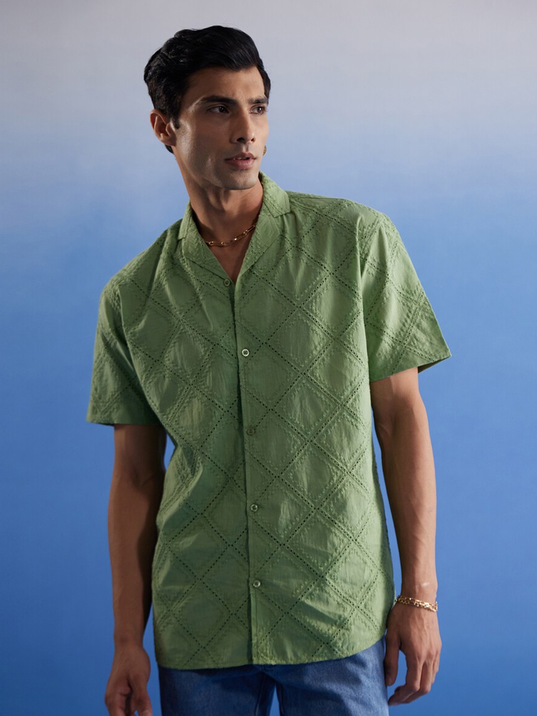 

VASTRAMAY Men Schiffli Cotton Premium Shirt, Green