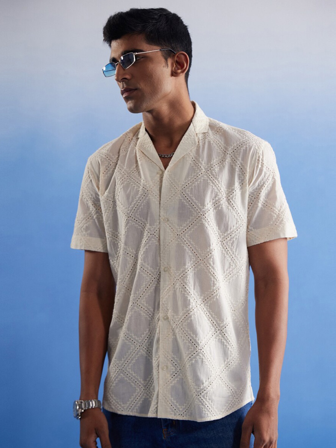 

VASTRAMAY Men Schiffli Cotton Premium Shirt, Cream