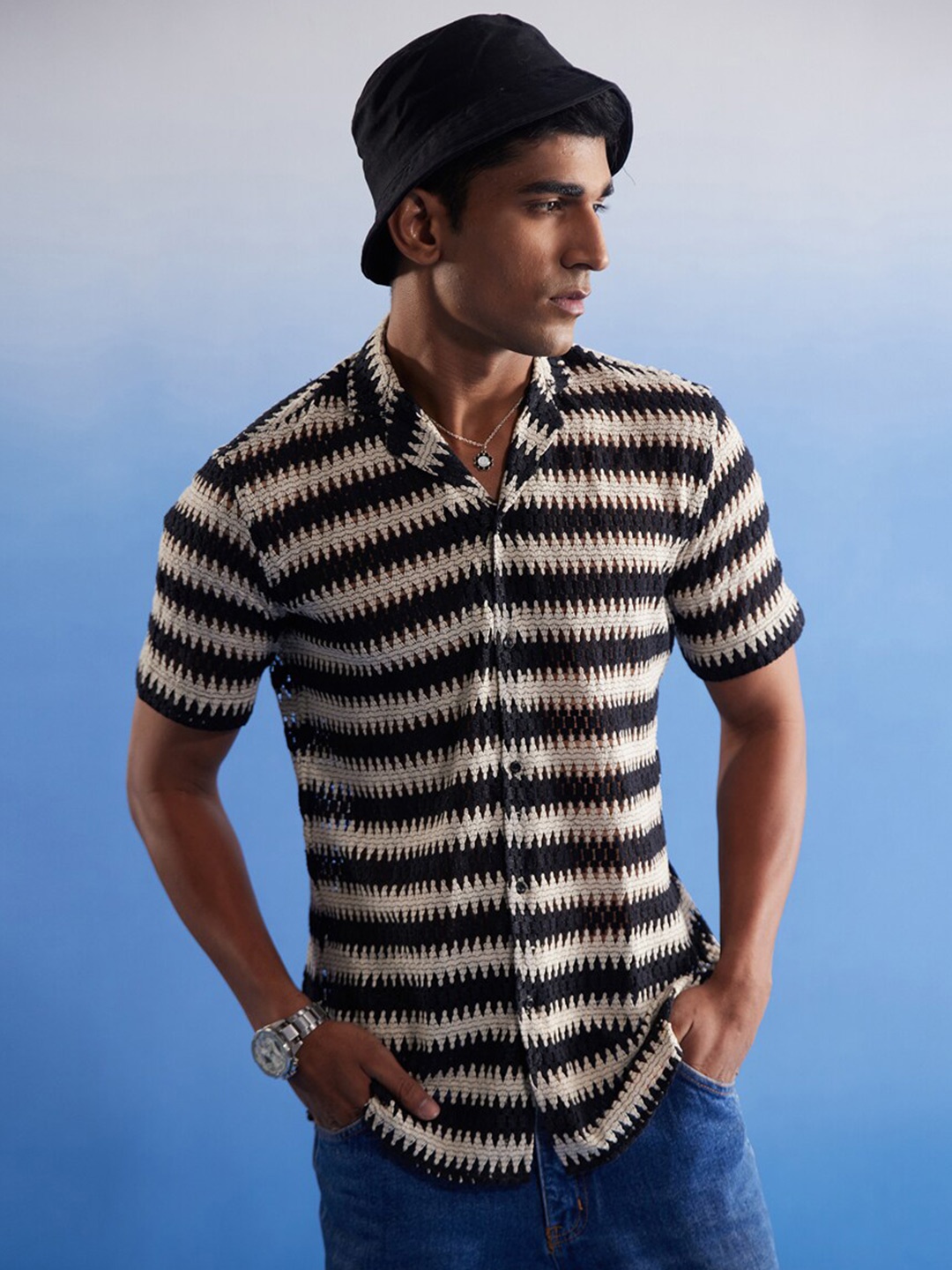 

VASTRAMAY Men Knitted Cotton Casual Crochet Shirt, Beige