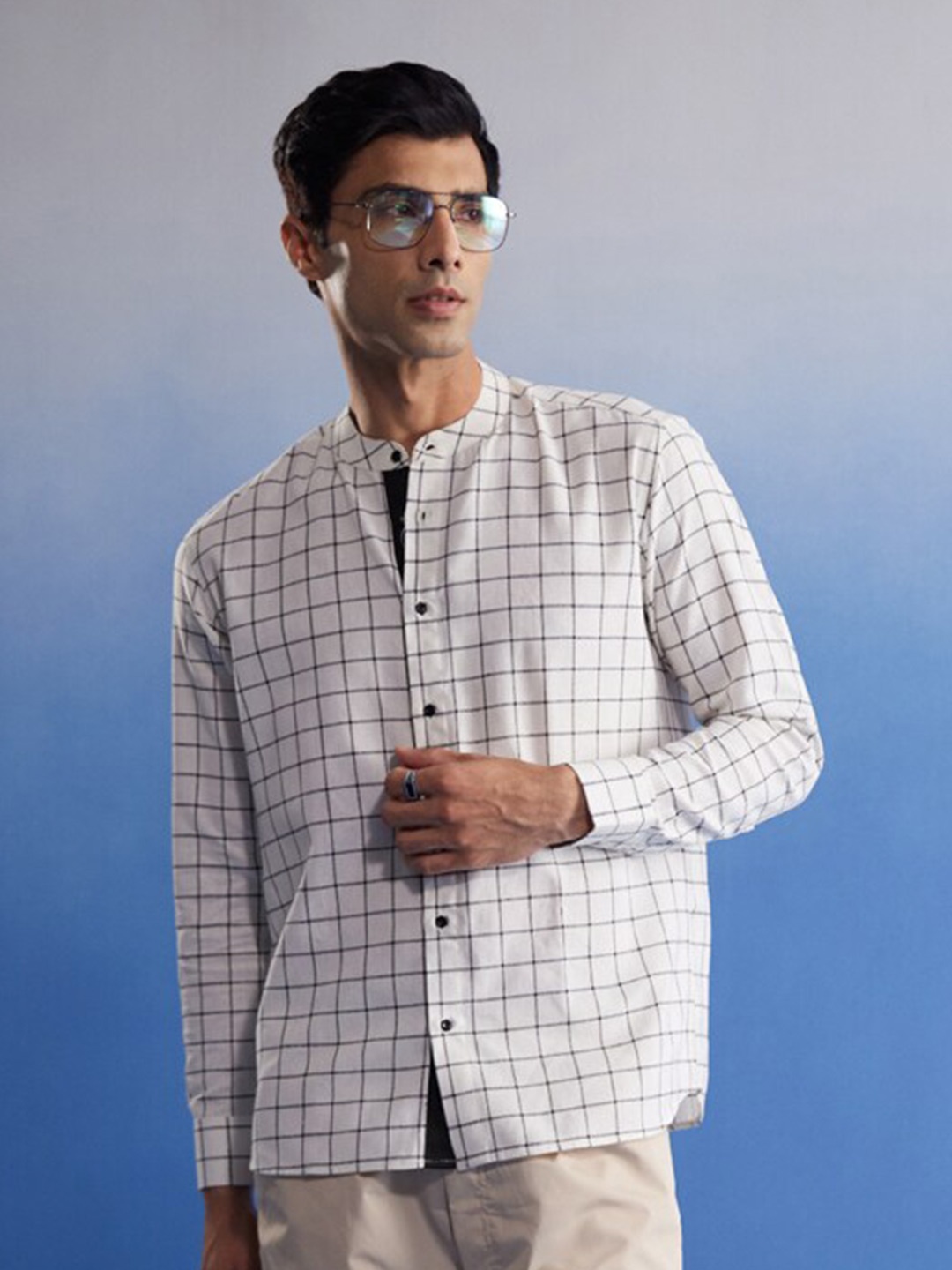 

VASTRAMAY Premium Windowpane Checks Band Collar Cotton Casual Shirt, White