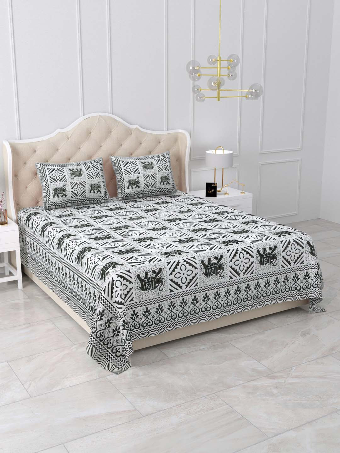 

DOLLIFI White & Grey Conversational Cotton 260 TC Queen Bedsheet with 2 Pillow Covers
