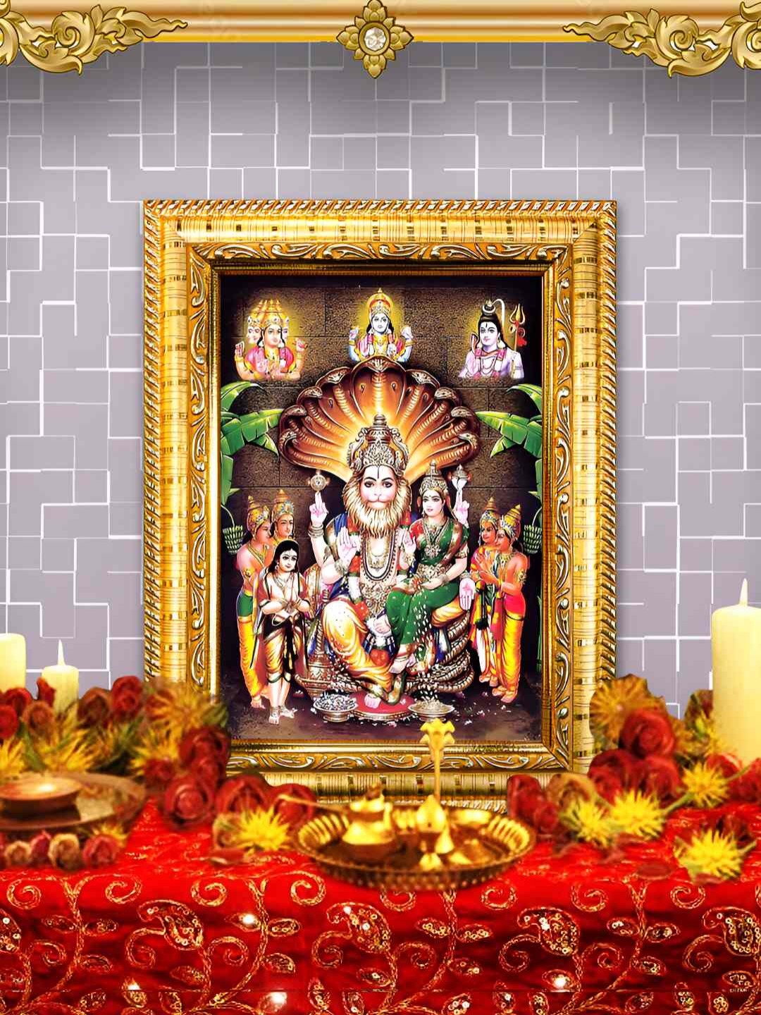 

Hawai Gold-Toned Lord Narsimha Dev Mata Lakshmi Rectangular Wooden Wall Photo Frame