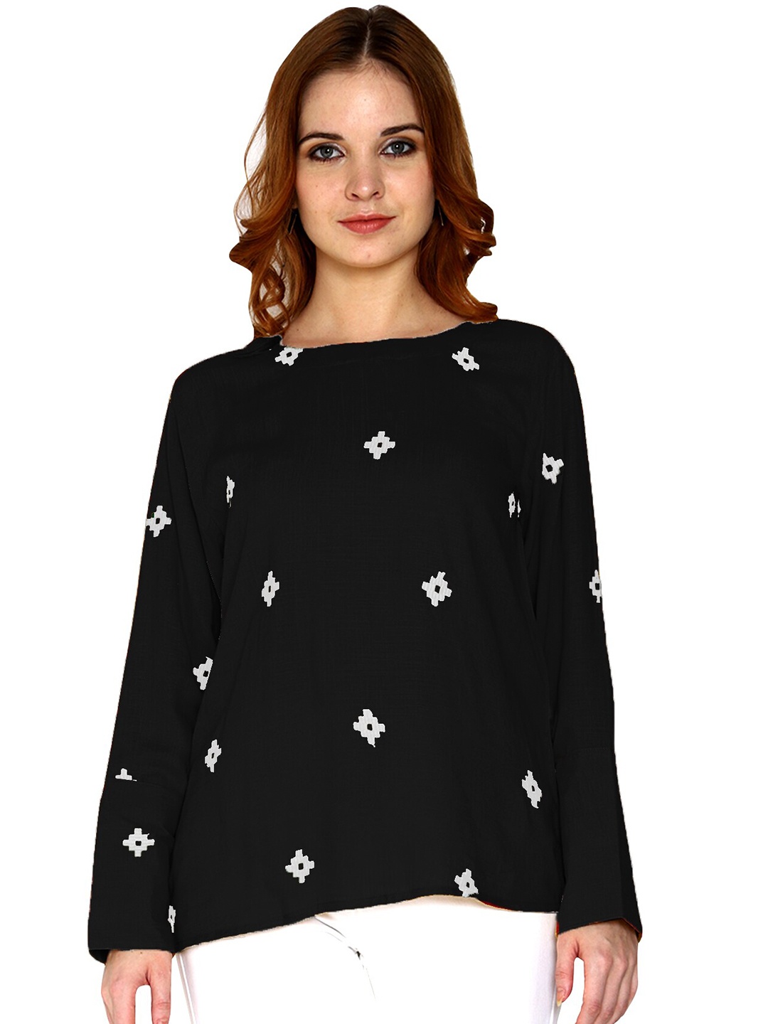 

SHIJILA Geometric Print Monochrome Top, Black
