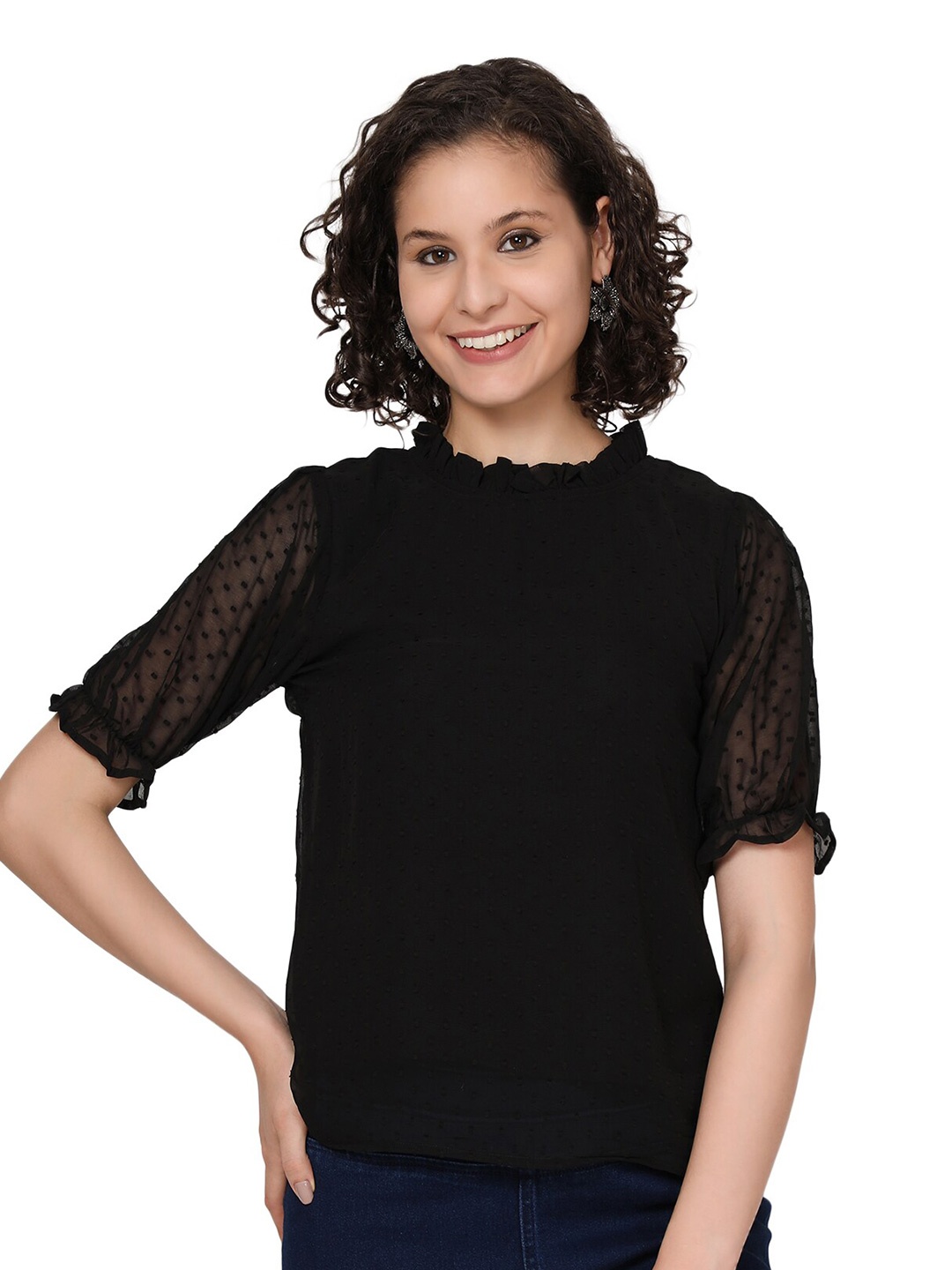 

SHIJILA Self Design Puff Sleeves Ruffles Chiffon Top, Black