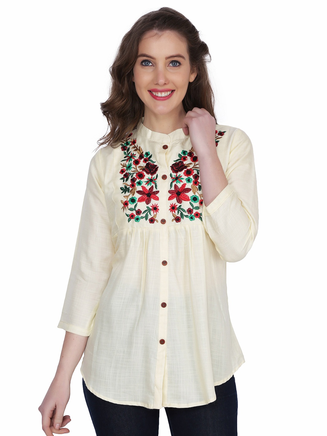 

SHIJILA Floral Embroidered Mandarin Collar Tunic, Off white