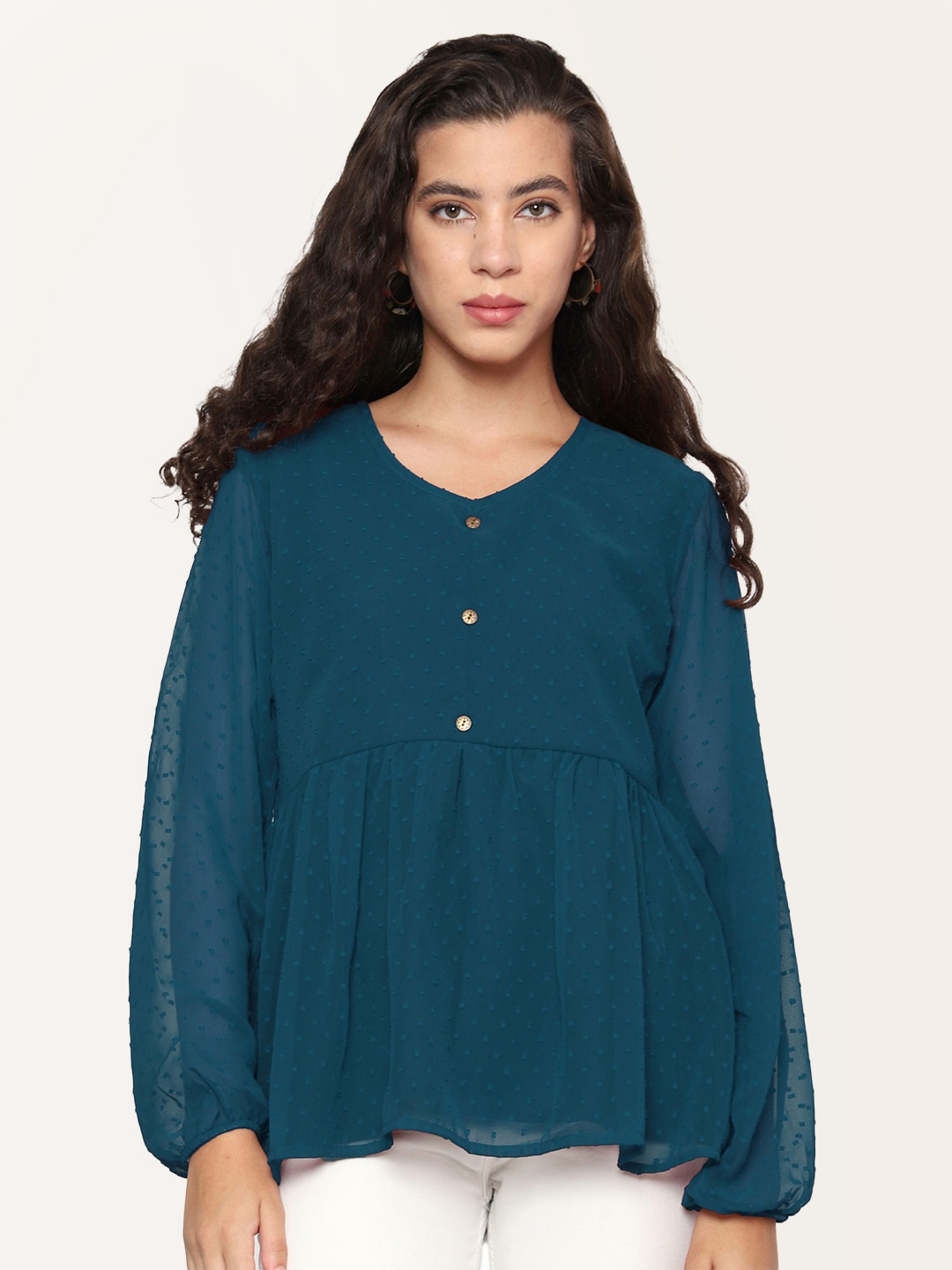 

SHIJILA Self Design Puff Sleeves Tunic, Navy blue