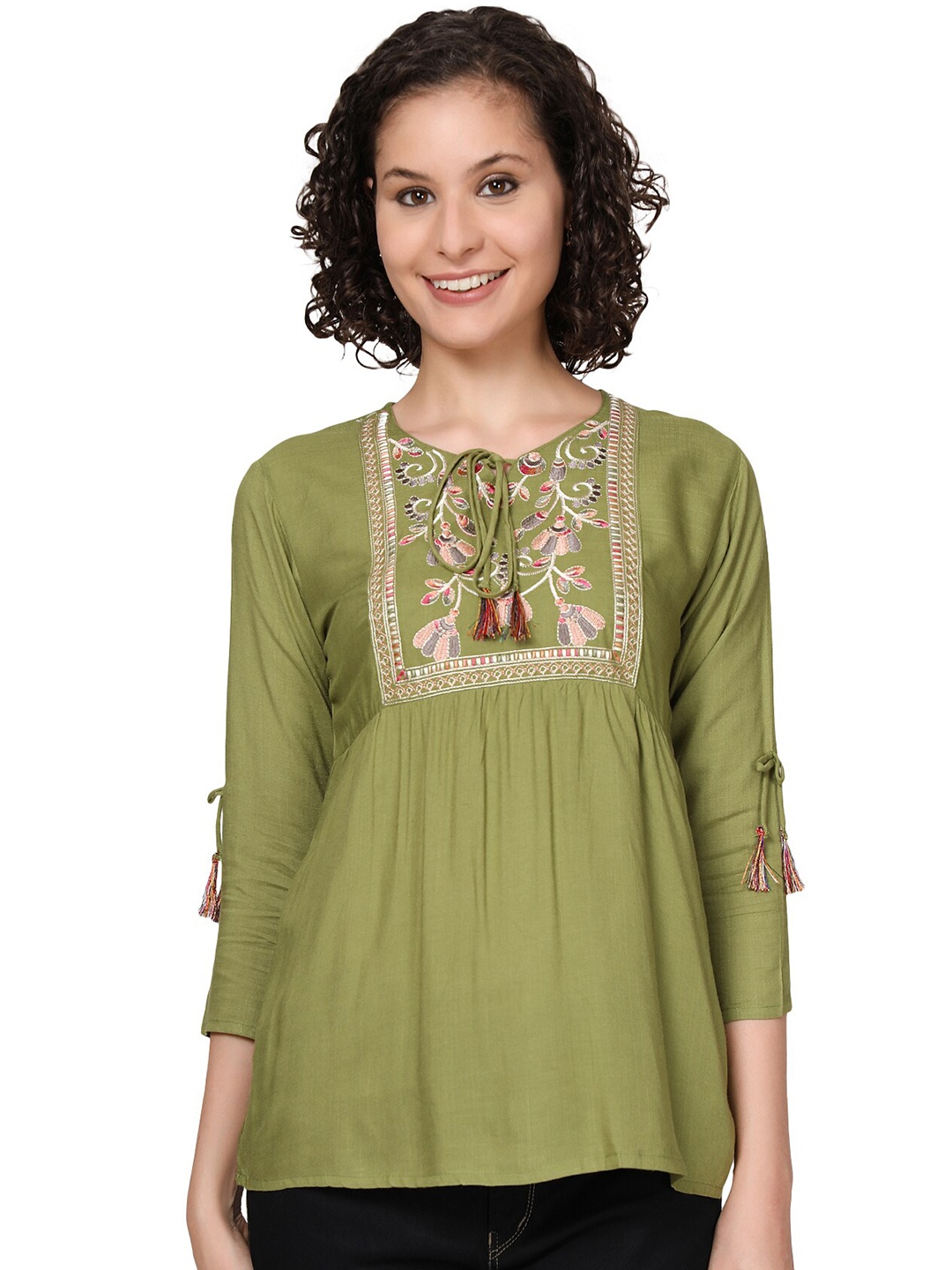 

SHIJILA Floral Embroidered Tie-Up Neck Top, Green