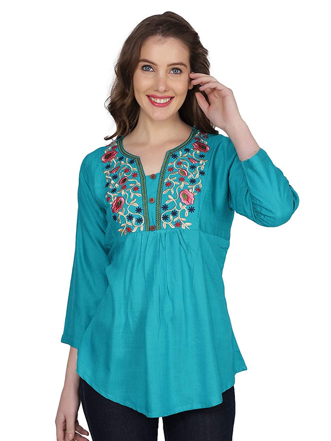 

SHIJILA Floral Embroidered Mandarin Collar Tunic, Blue