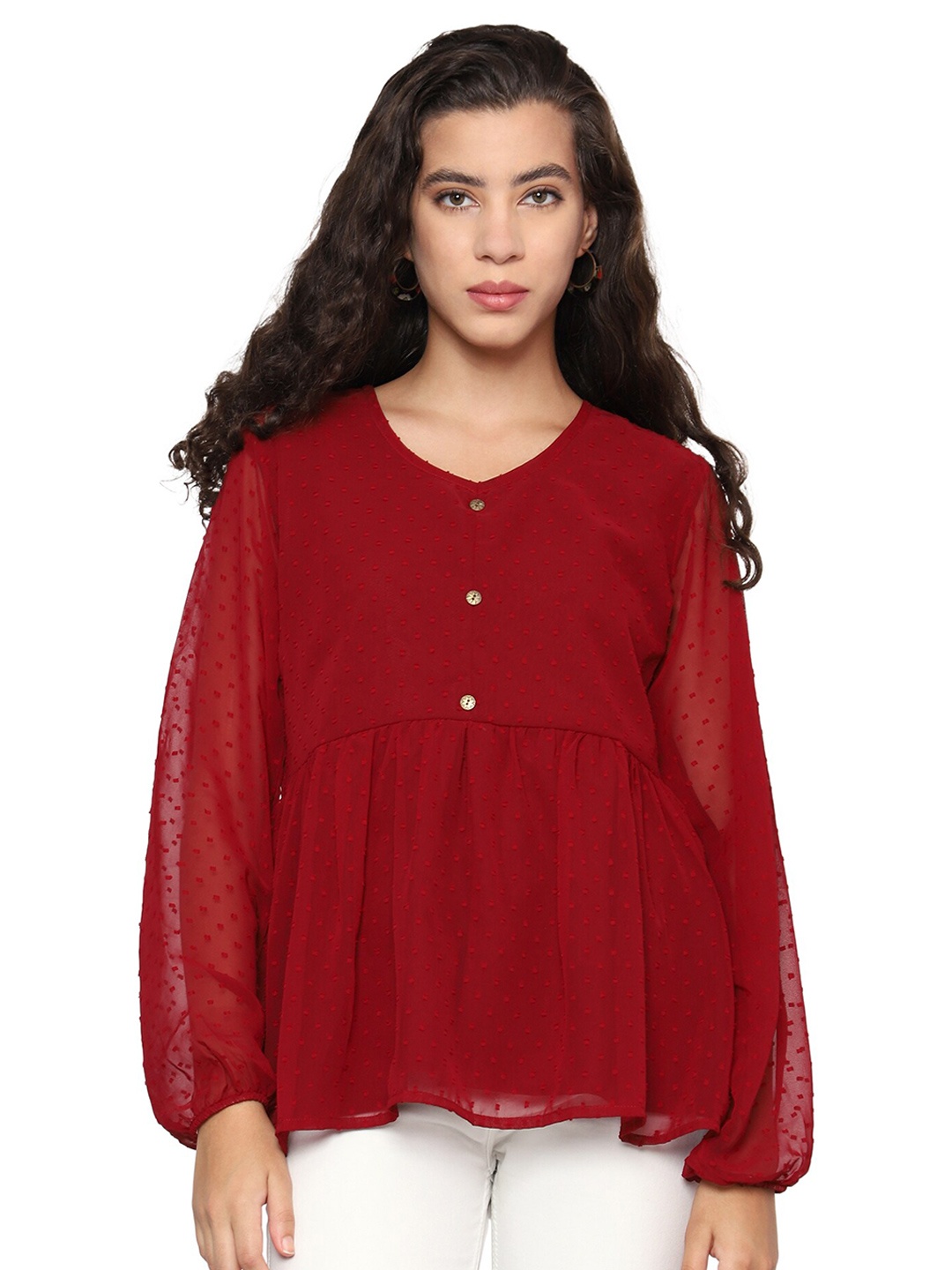 

SHIJILA Self Design Puff Sleeves Tunic, Maroon