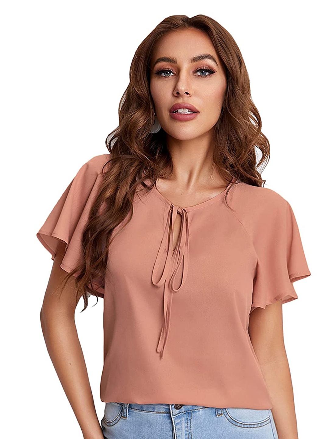 

SHIJILA Tie-Up Neck Flutter Sleeve Top, Pink