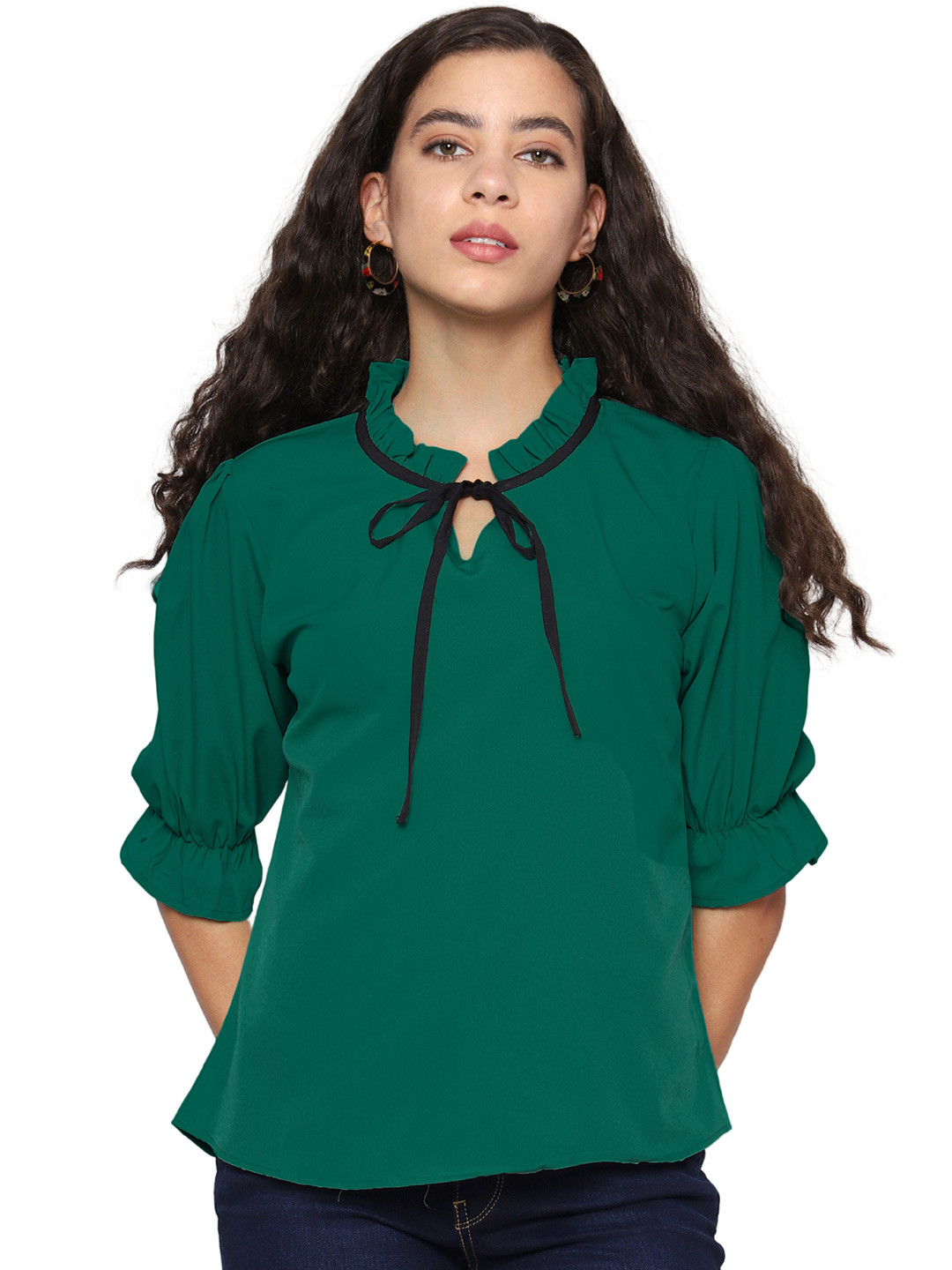 

SHIJILA Tie-Up Neck Bell Sleeves Top, Green