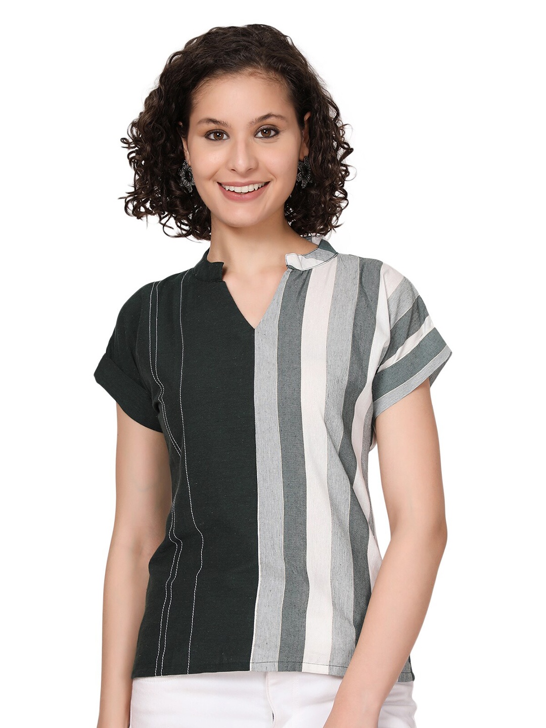 

SHIJILA Striped Mandarin Collar Pure Cotton Regular Top, Green