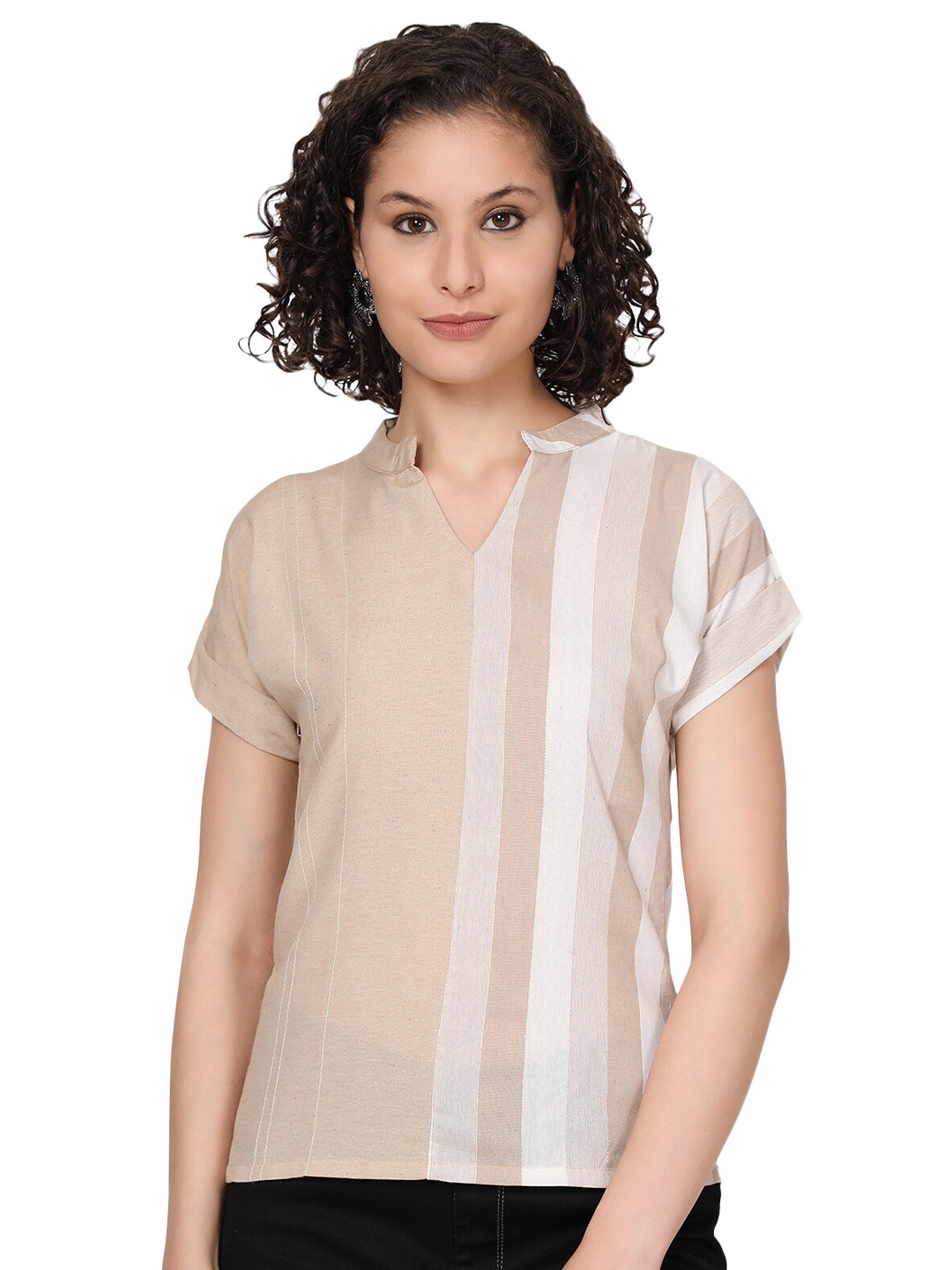 

SHIJILA Striped Mandarin Collar Pure Cotton Regular Top, Beige