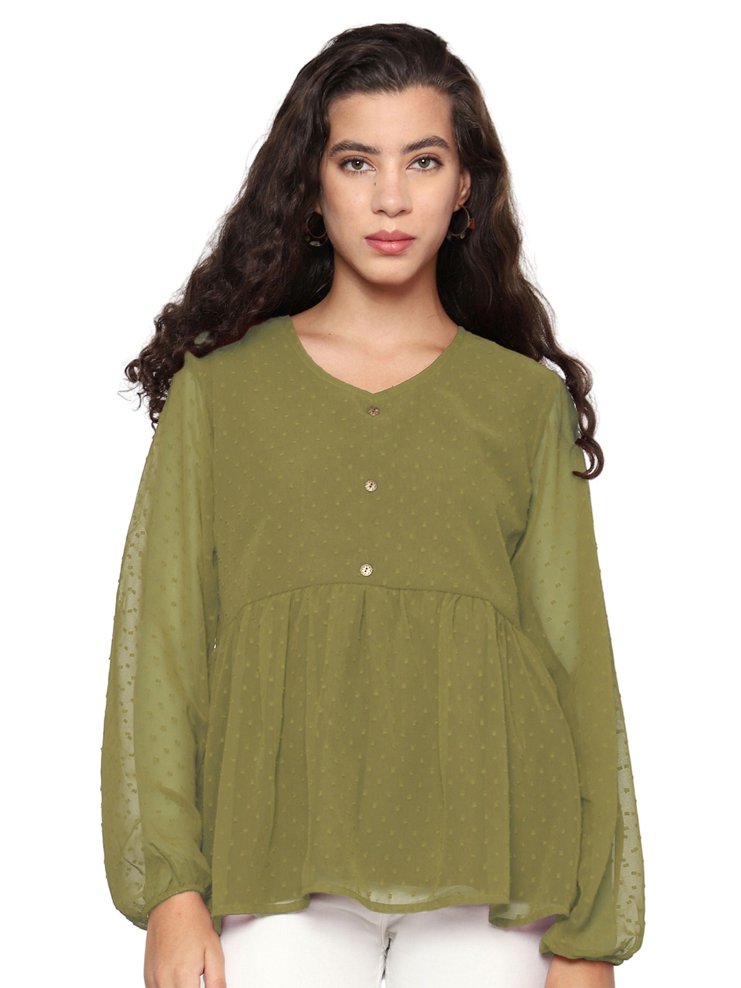 

SHIJILA Self Design Puff Sleeves Tunic, Green