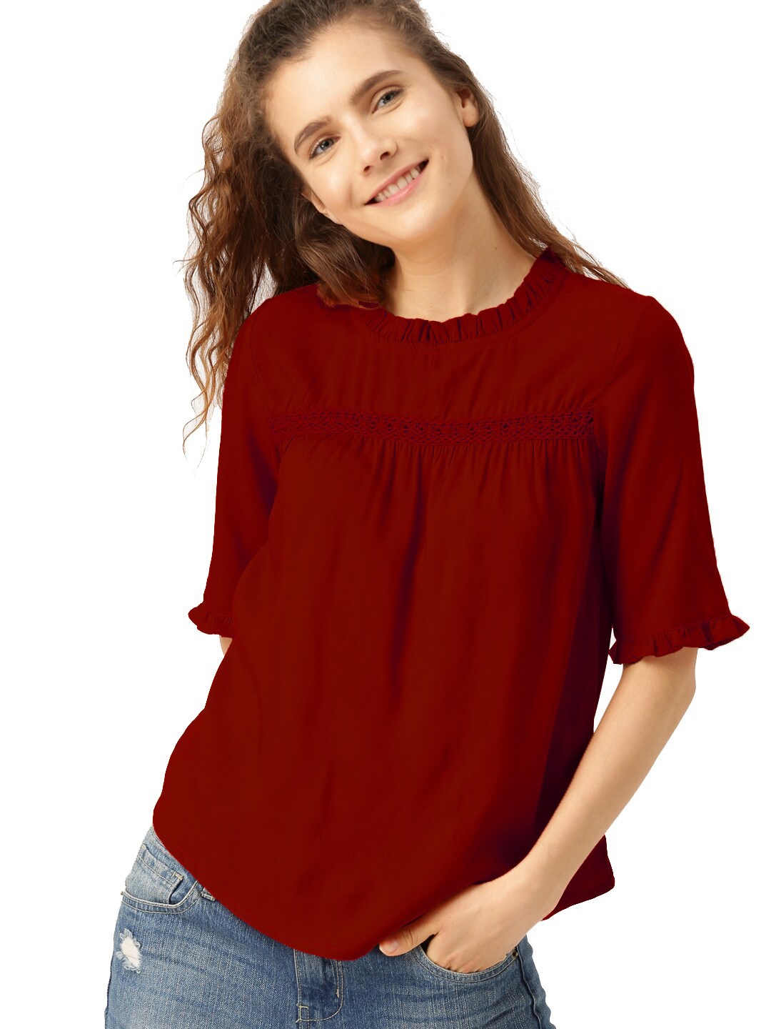 

SHIJILA Gathered Or Pleated Cotton Regular Top, Maroon