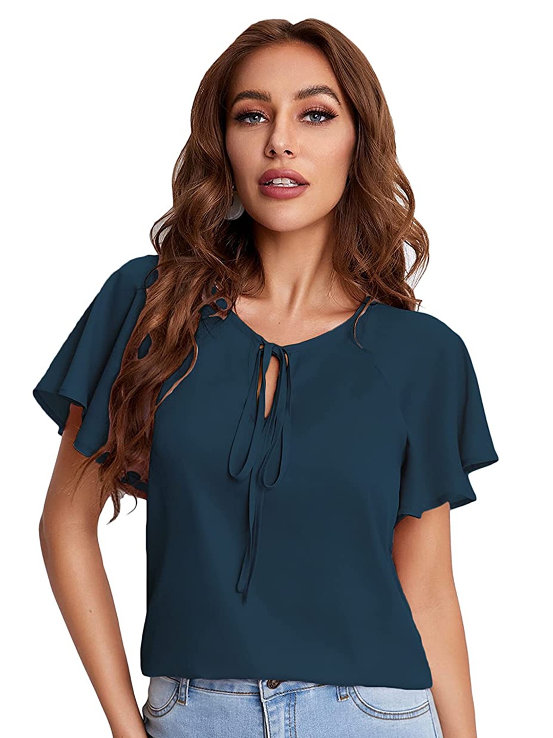 

SHIJILA Tie-Up Neck Flutter Sleeve Top, Navy blue