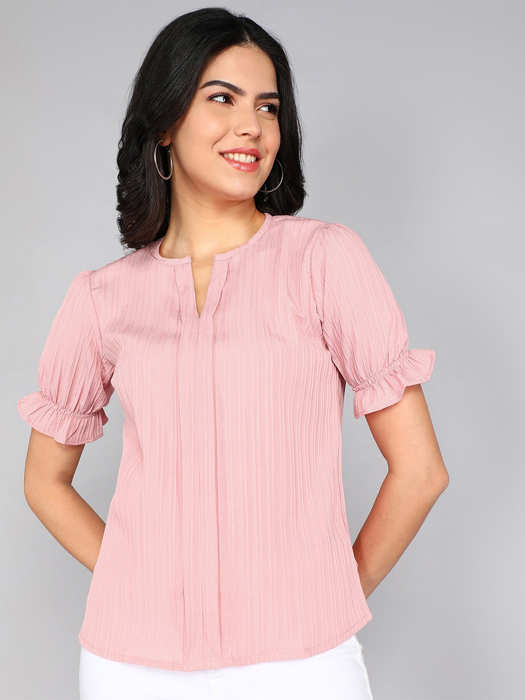 

SHIJILA Striped Puff Sleeve Regular Top, Pink