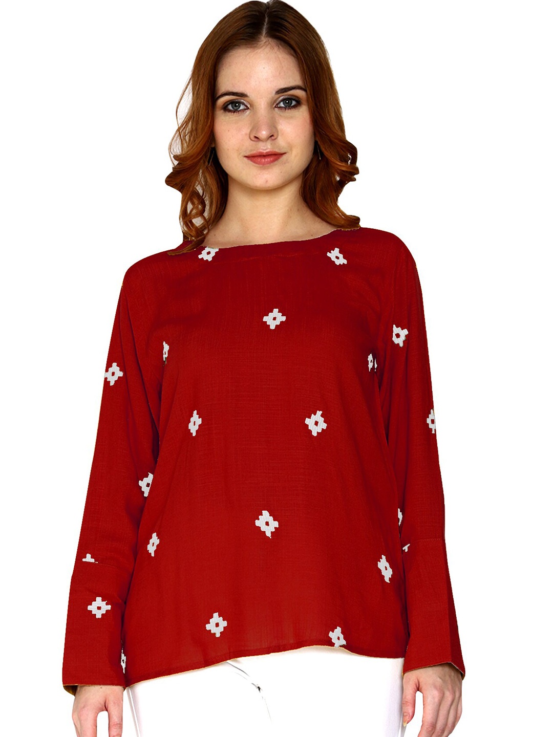 

SHIJILA Geometric Printed Boat Neck Top, Maroon