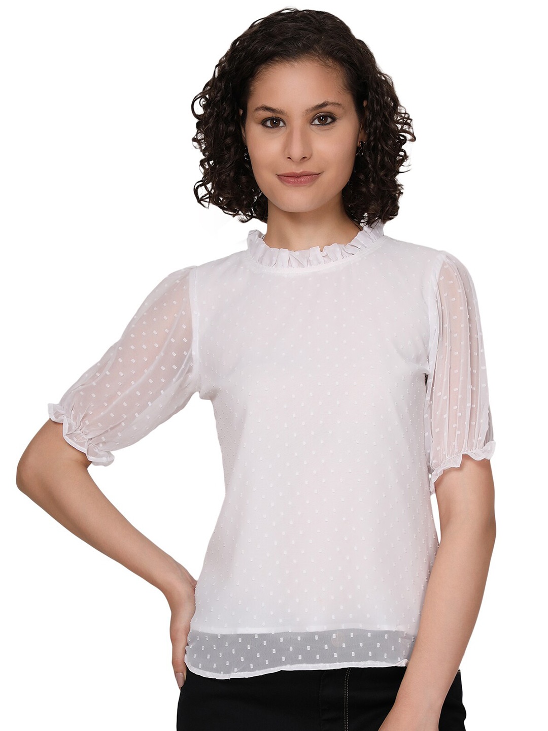 

SHIJILA Self Design Puff Sleeves Ruffles Chiffon Top, White