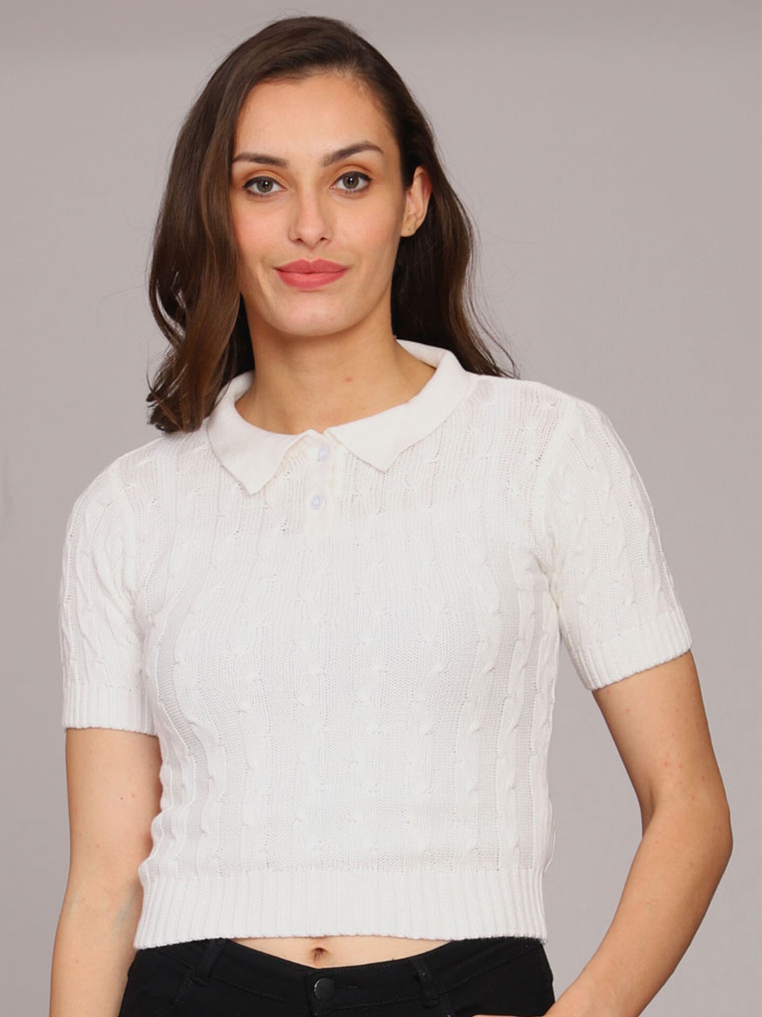 

SHIJILA Shirt Collar Self Design Cotton Shirt Style Crop Top, White