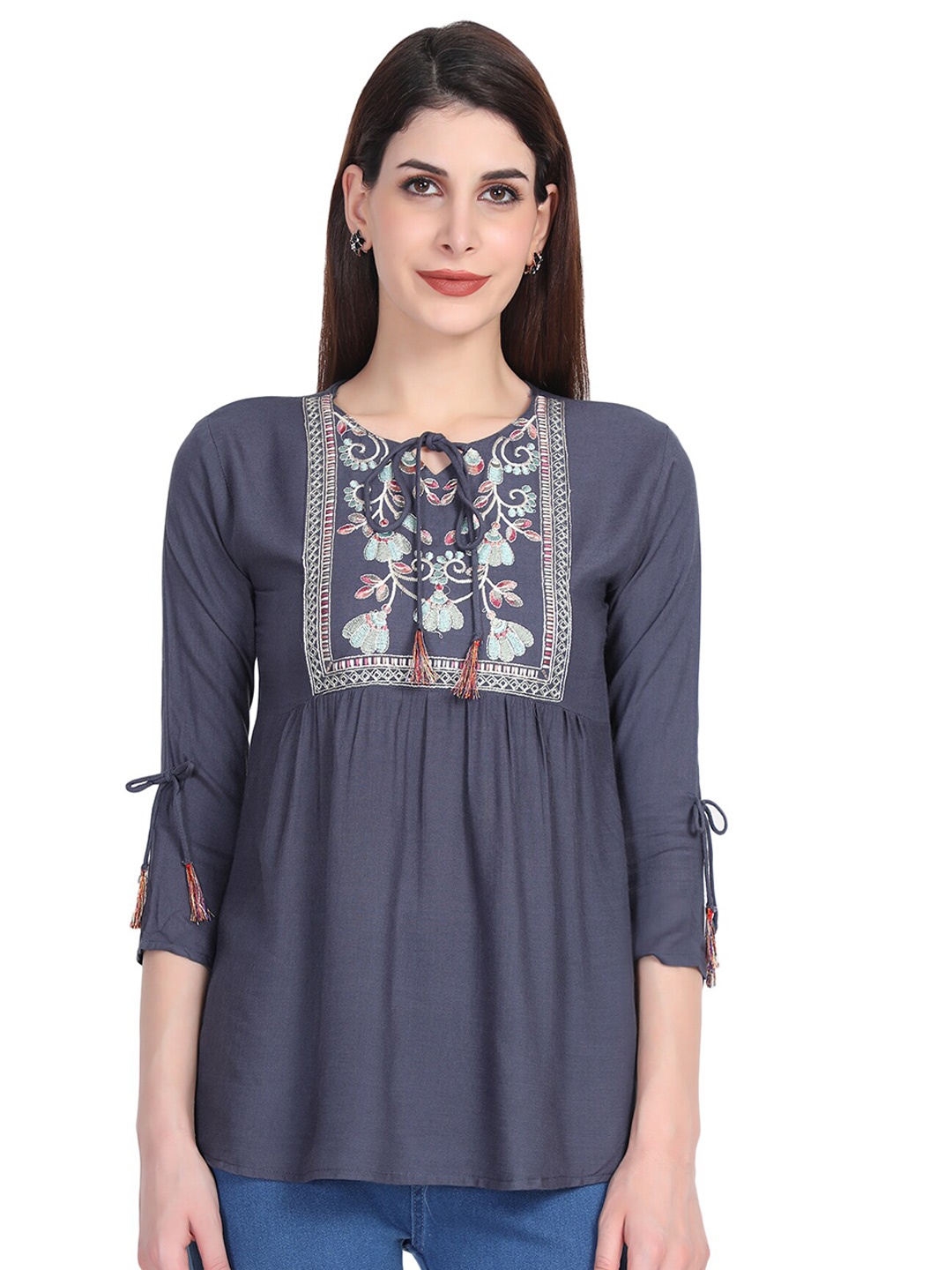 

SHIJILA Ethnic Motifs Embroidered A-Line Top, Blue