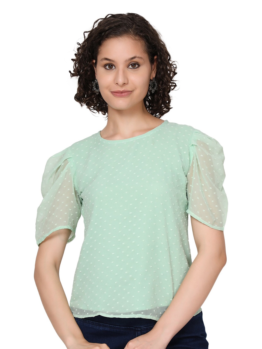 

SHIJILA Self Design Puff Sleeves Chiffon Top, Green