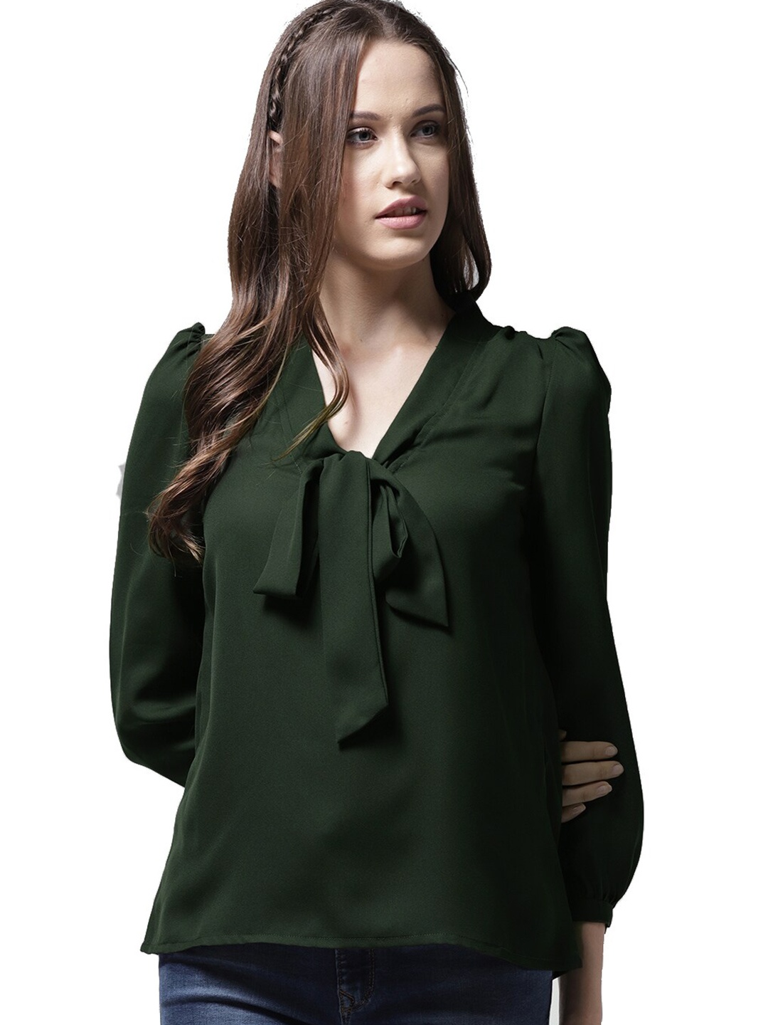 

SHIJILA Tie Up Neck Puff Sleeves Top, Green