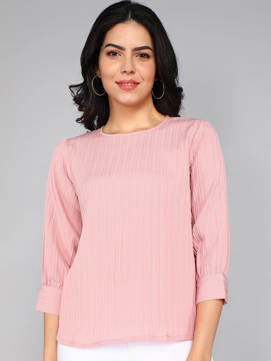 

SHIJILA Vertical Striped Cuffed Sleeves Top, Pink